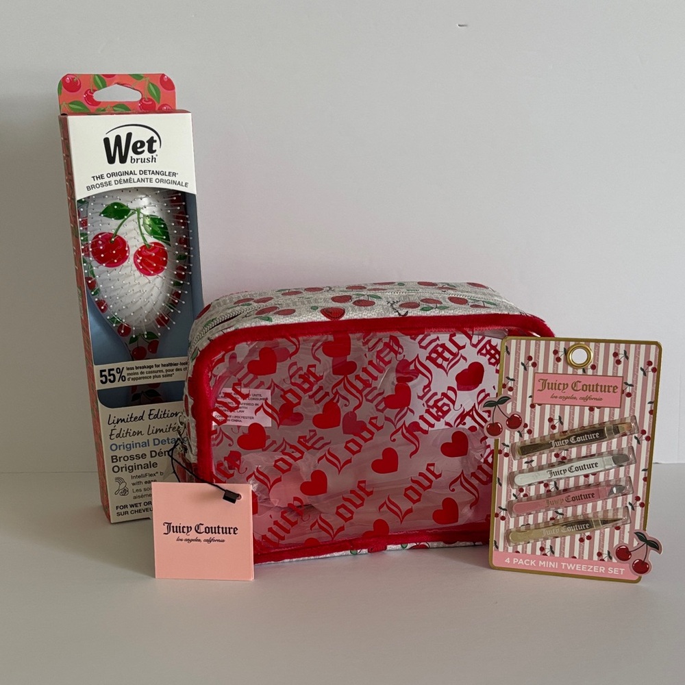 ☀️Juicy Couture Clear Cosmetic Bag with Red Hearts and Cherry Print